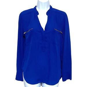 MNK Blue V Neck Pullover Top Blouse Womens M Gold Hardware Dressy Career Office